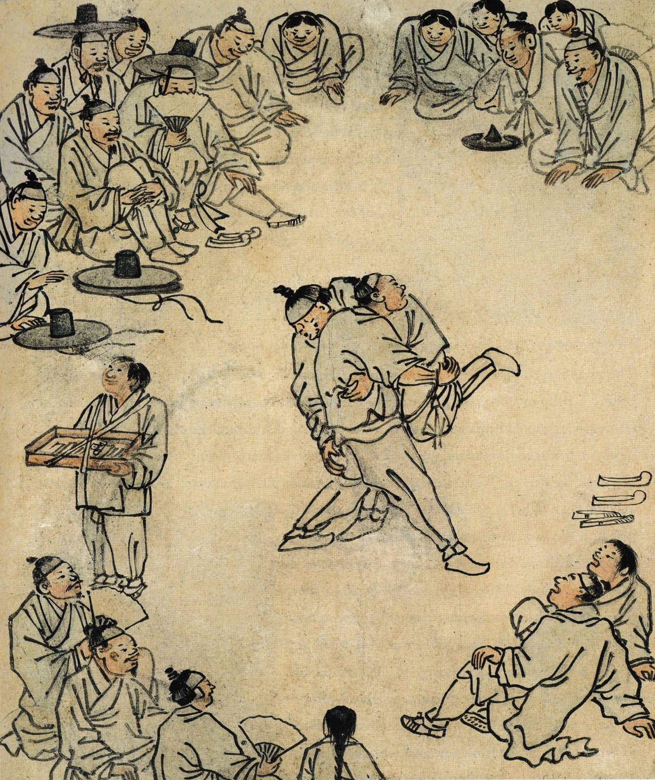 김홍도 「씨름」 — 빈 마당 한가운데 씨름하는 두 사람과 둘러앉아 구경하는 사람들, 엿장수