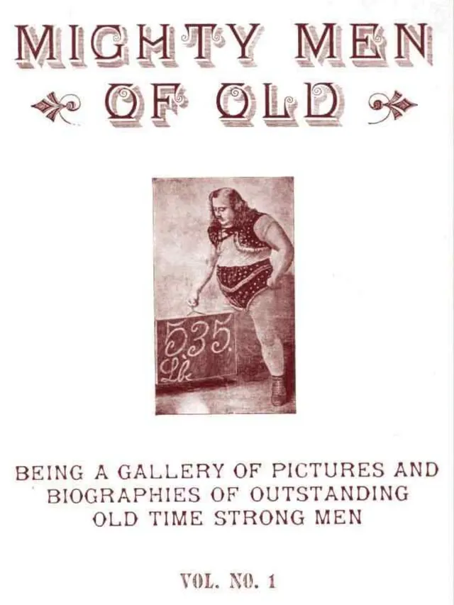『Mighty Men of Old, Vol. No. 1』 표지. 한 손가락 리프트로 535파운드(약 243kg)를 들어 올리는 Warren Lincoln Travis.